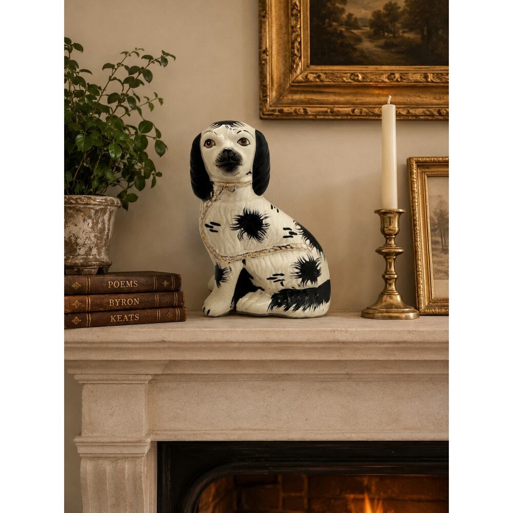 Vintage Staffordshire Style Spaniel Dog Figurine Crackle Glaze Gold Chain 6"